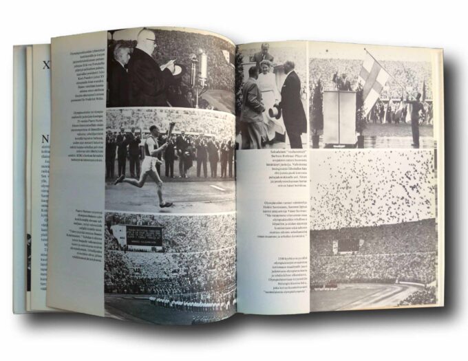 Photo showing a sample spread of the book Helsingin Olympiastadion
