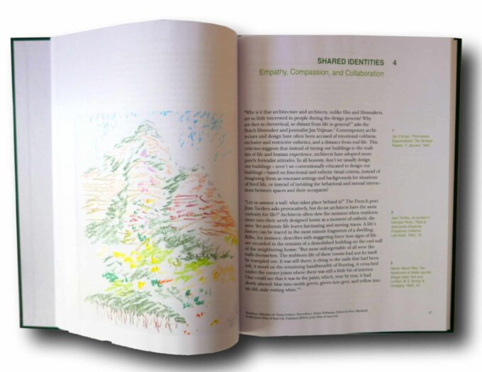 Photo showing a sample spread of the book Rootedness: Reflections for Young Architects