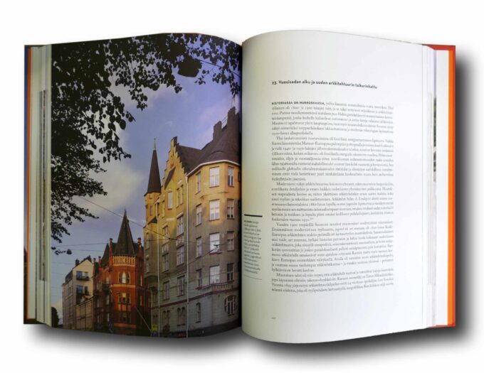 Photo showing a sample spread of the book Arkkitehtuurimme vuosituhannet
