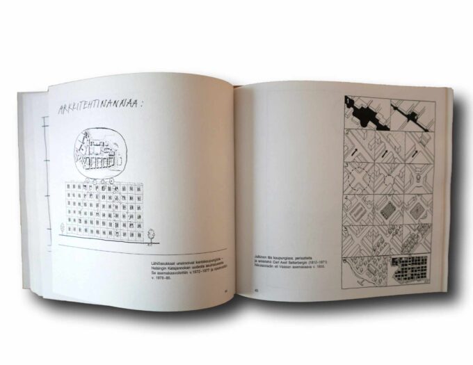 Photo showing a sample spread of the book Vadu: Matti Vesikansan arkkitehtuurikarikatyyrejä