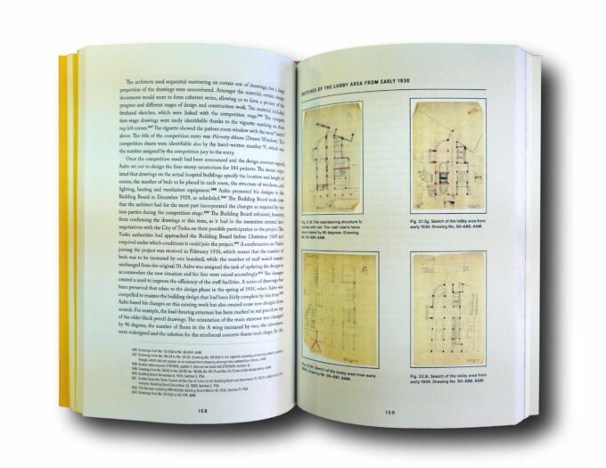 Photo showing a sample spread of the book Architecture and Technology: Alvar Aalto's Paimio Sanatorium