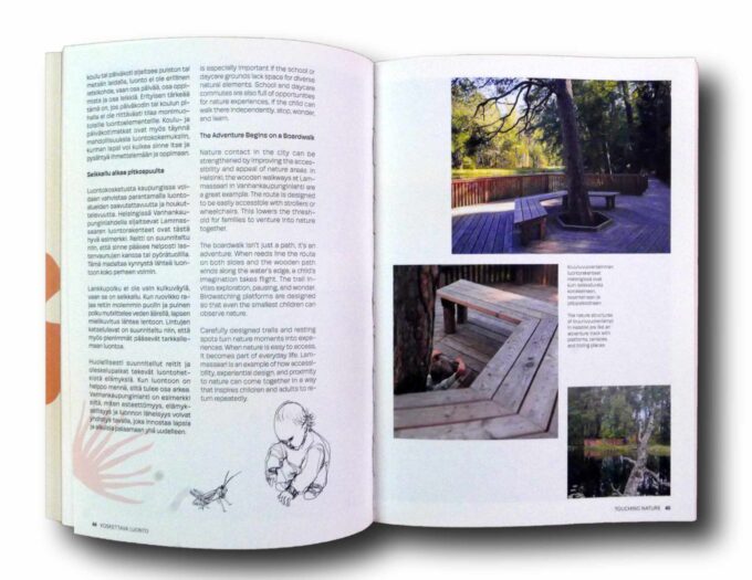 Photo showing a sample spread of the book Alku – lapsiystävällistä maisema-arkkitehtuuria