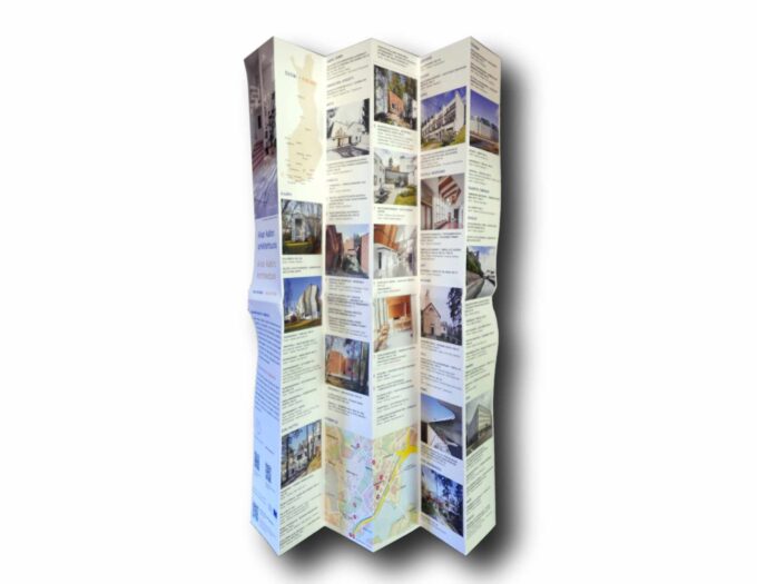 Photo showing a sample spread of the book Alvar Aallon arkkitehtuuria -kartta – Alvar Aalto's Architecture Map