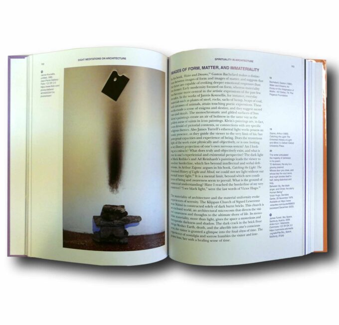 Photo showing a sample spread of the book Eight Meditations on Architecture